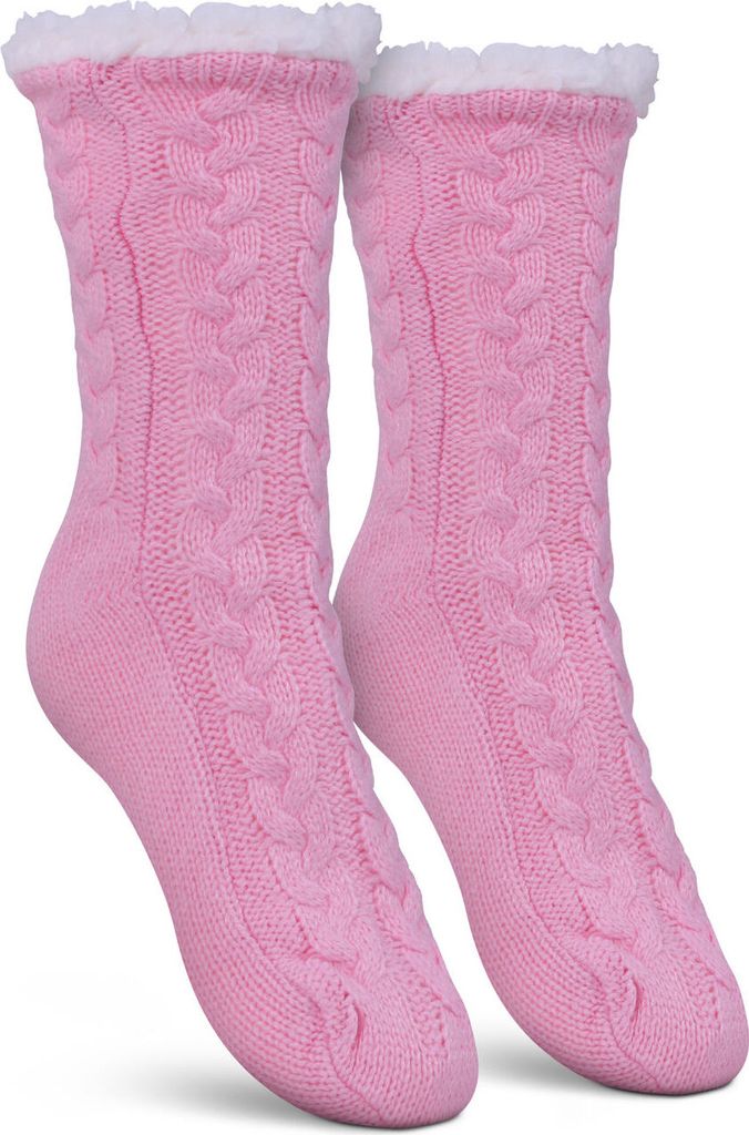 Haussocken (Rosa / 1 Paar) Damen mit Teddyfutter - Hüttensocken mit Anti-Rutsch-Sohle - ABS Norweger Socken Zopfmuster - Kuschelsocken Einheitsgr...
