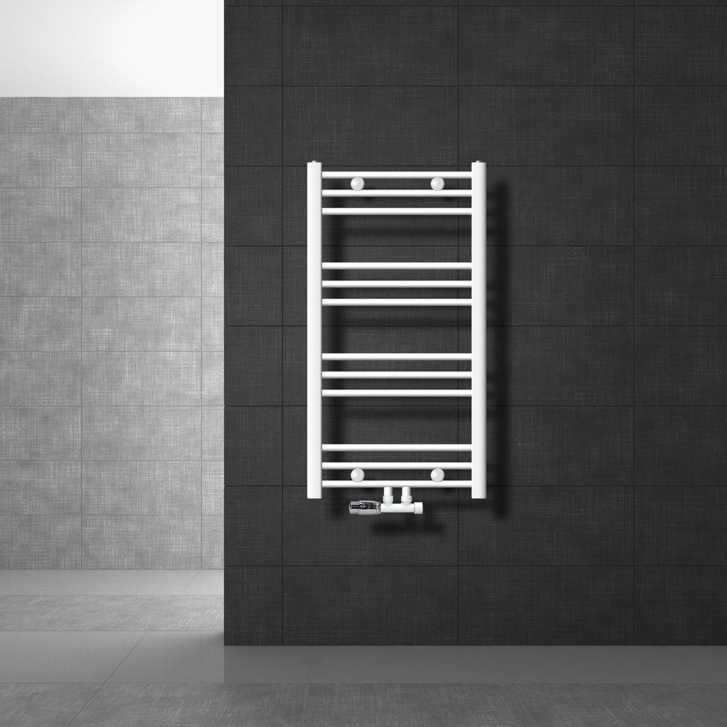 LuxeBath Badheizkörper Mittelanschluss 500 x 800 mm Weiß gerade mit Thermostat und Anschlussgarnitur Eck Wand Weiß - Heizkörper Heizung, ohne H...