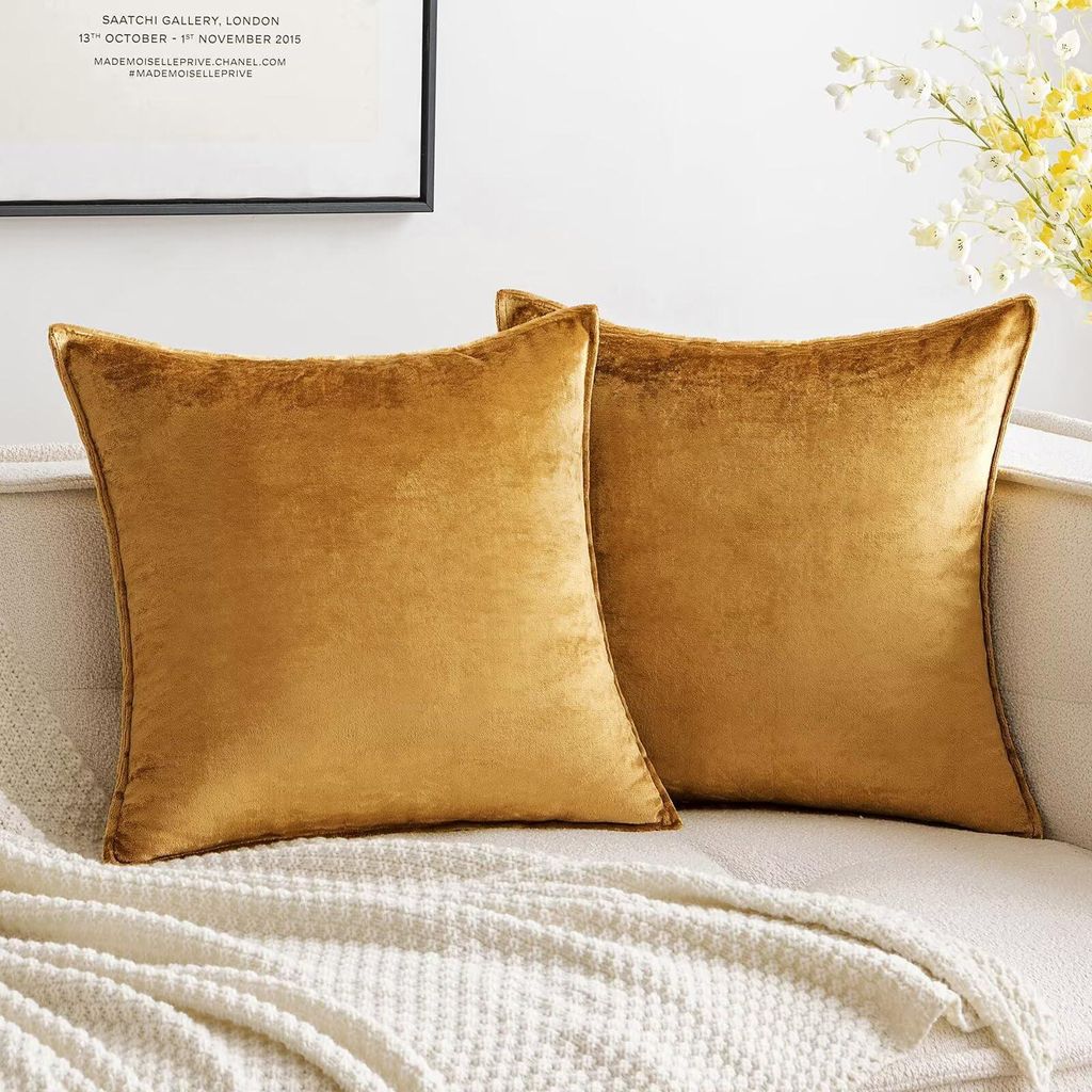 Set aus 2 Samtkissenbezügen mit eingefassten Kanten, dekorativ, für Sofa, Wohnzimmer, Schlafzimmer, 50 x 50 cm, Champagnergold