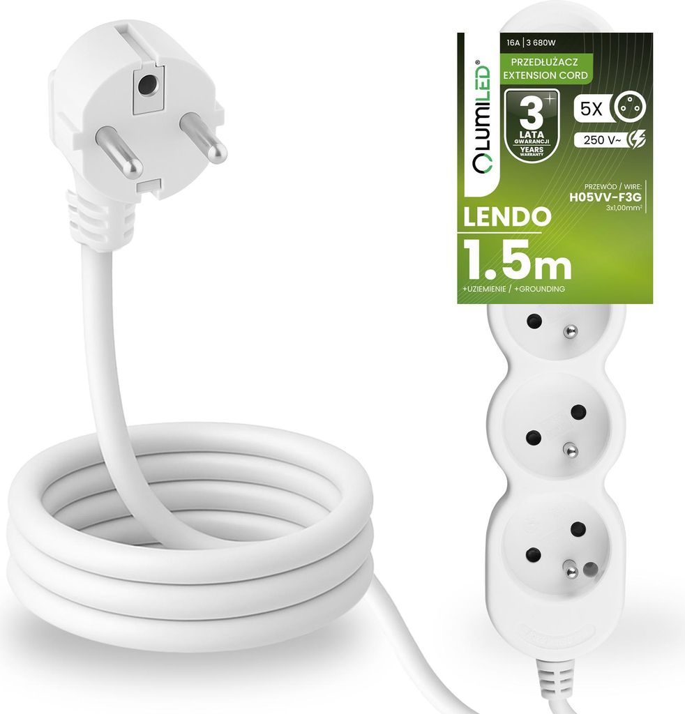 LUMILED Steckdosenleiste5-Fach Steckdose Typ E, 1,5m Kabel H05VV-F3G, Weiß, Mehrfachsteckdose E Stecker 16A 3680W 250V IP20 Halterung zum Aufhängen