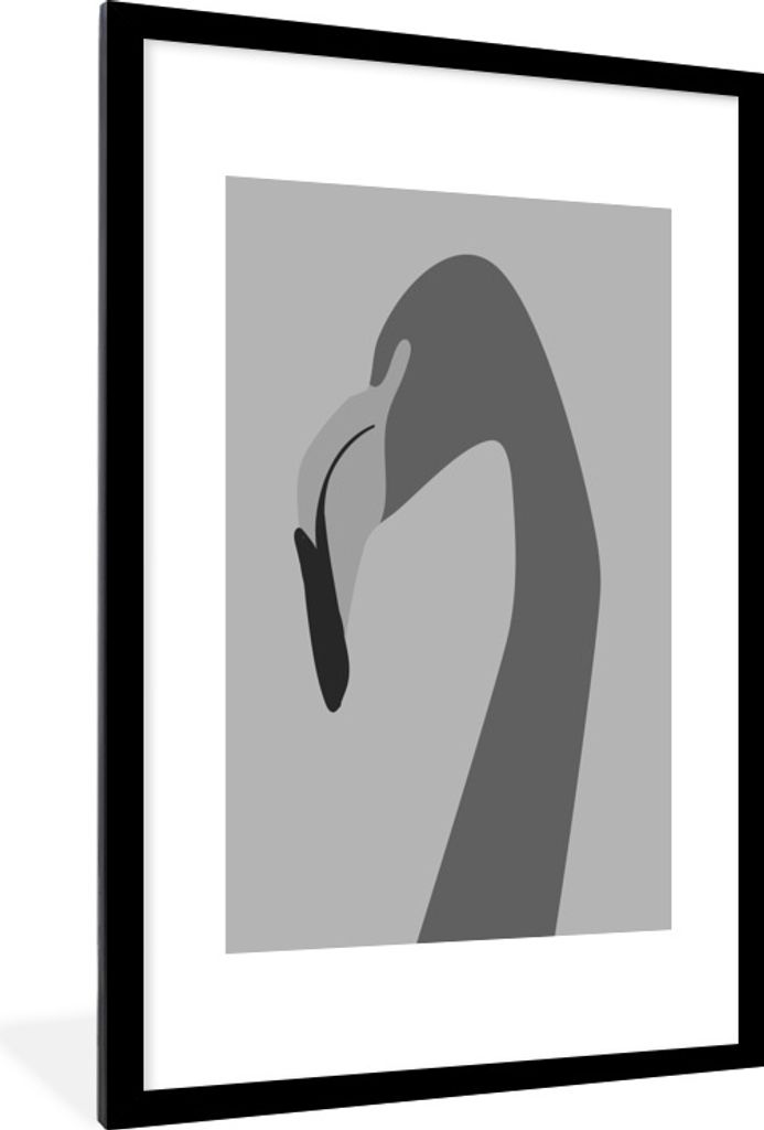 MuchoWow Gerahmtes Poster Flamingo - Schwarz - Weiß 60x90 cm - Poster mit Schwarzem Bilderrahmen Wandposter Rahmen Foto Bilder - Dekoration - Wa...