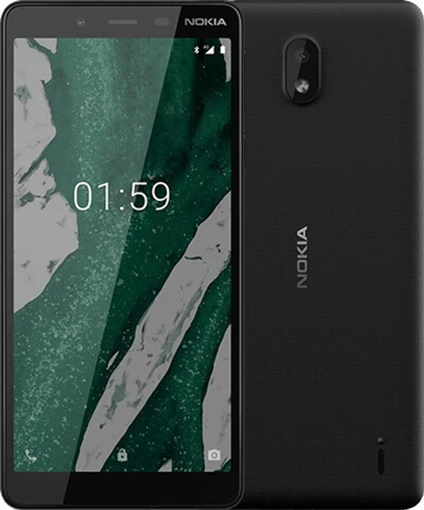 A black Nokia smartphone is shown from the front and back.