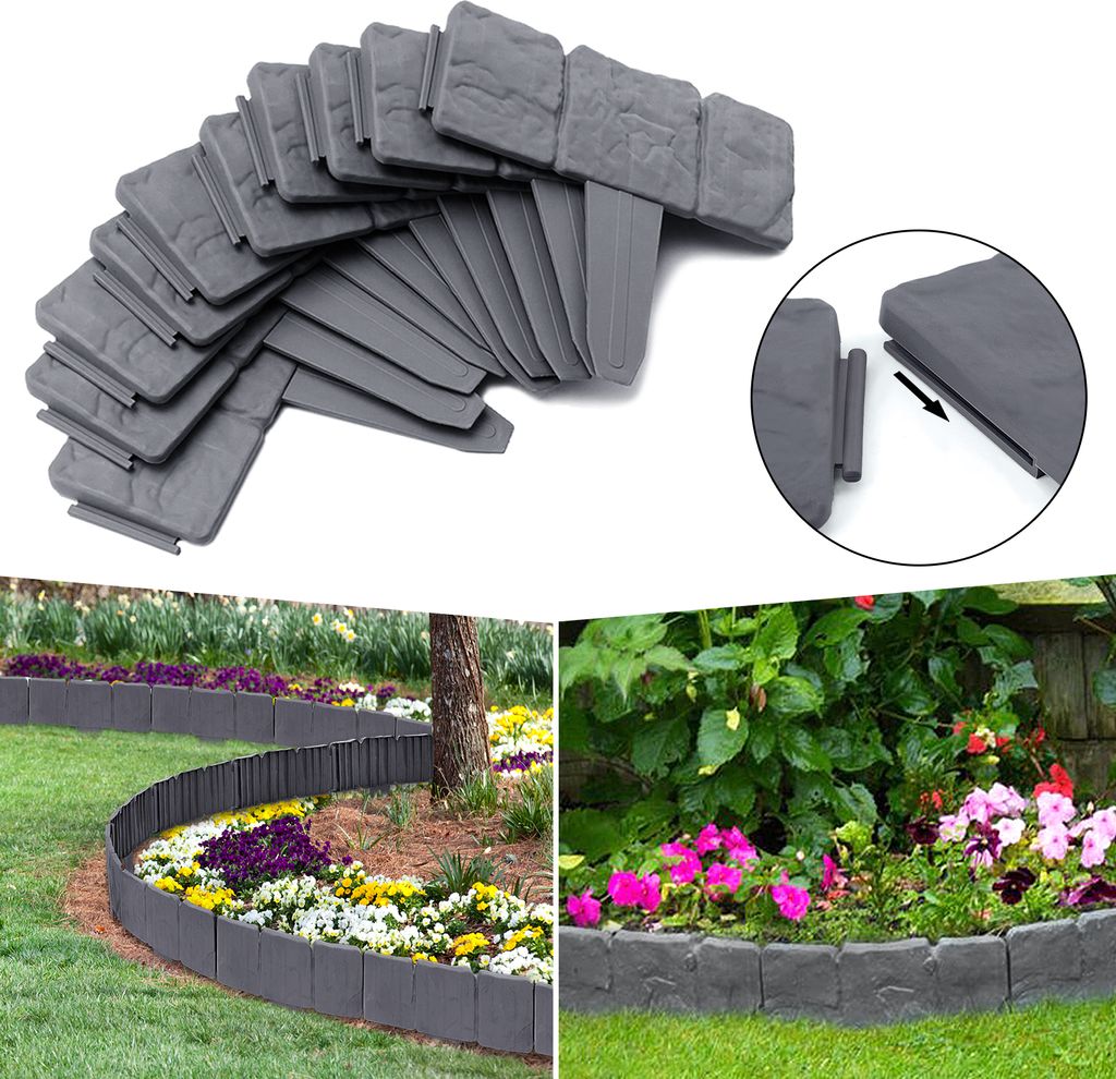 NAIZY Rasenkante Kunststoff 12,5m Steinoptik Garden Border aus Polypropylen, Mähkante Beetumrandung Palisade Garten dekorativ, 50 Stücke, Anthrazit