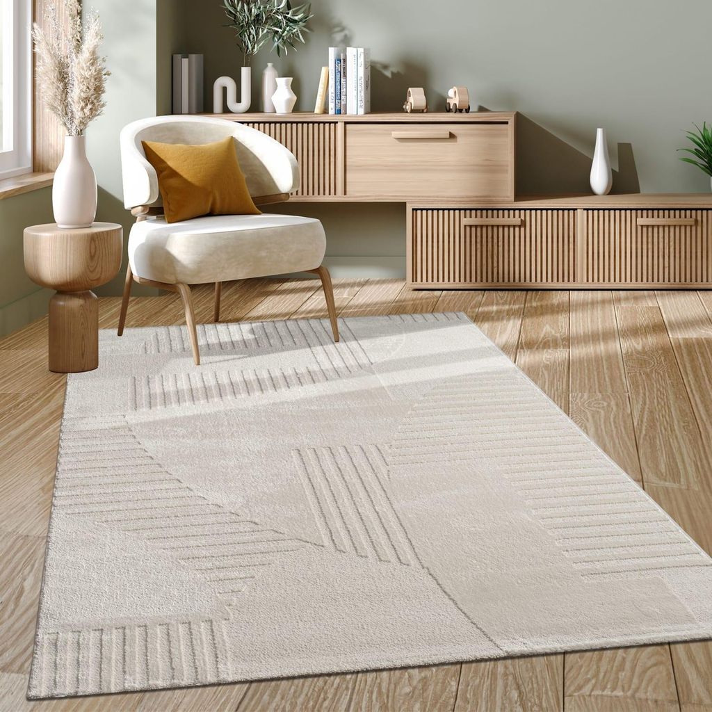 Teppich Kurzflor Struktur Wohnzimmer Creme Rechteckig 200x290 | 100% Polyester, Rücken aus Baumwolle | Florhöhe: 10 mm | Handwäsche
