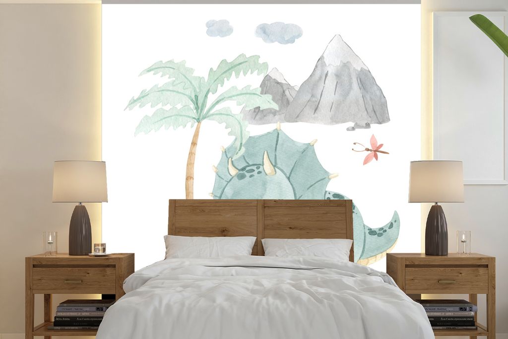 MuchoWow Fototapete für Wohnzimmer oder Schlafzimmer Wandtapete Vinyl Motivtapete Kinderzimmer - Baum - Dinosaurier - Junge - Mädchen - Kinder ...