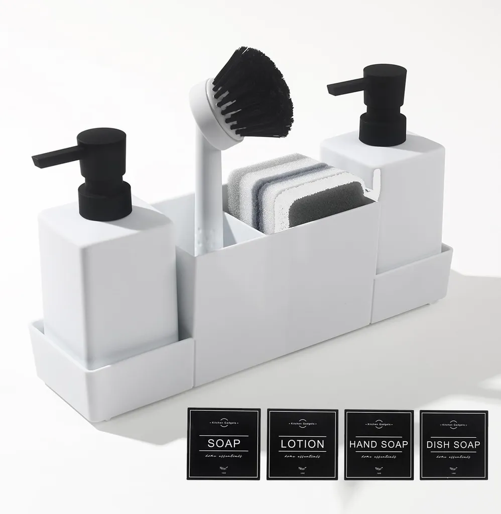 Distributeur savon vaisselle 4-en-1 blanc avec brosse et porte-éponge
