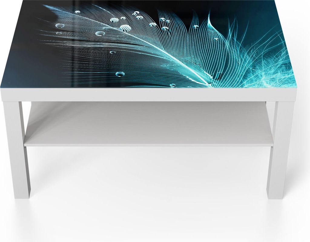 DEQORI Couchtisch 90x55 cm Weiß 'Feder mit Wasserperlen' Glas Beistelltisch
