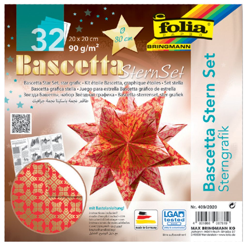 folia Faltblätter Bascetta-Stern 200 x 200 mm 90 g/qm 32 Blatt rot gold bedruckt