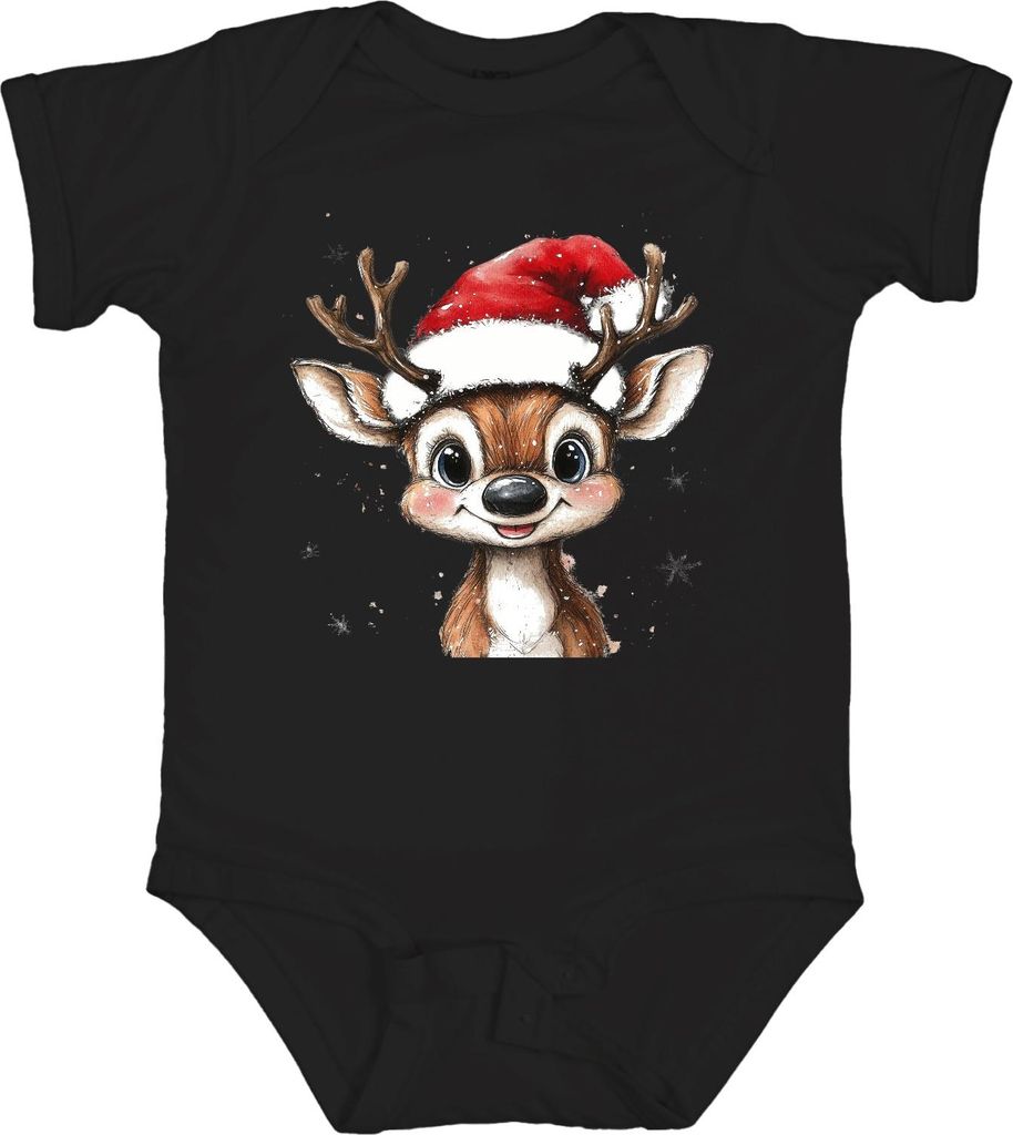 Weihnachtsrentier Niedlich Santa Hut Schneeflocken Aquarell süß Unisex Baby Body, Schwarz, 3/6