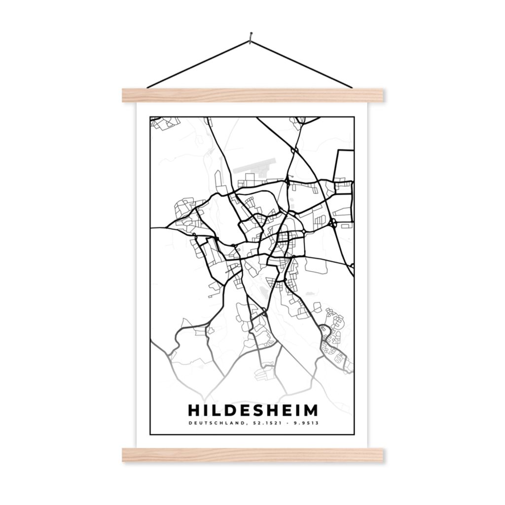 MuchoWow Textilposter Hindesheim - Karte - Stadtplan 40x60 cm mit holzfarbenen Rahmen - Poster