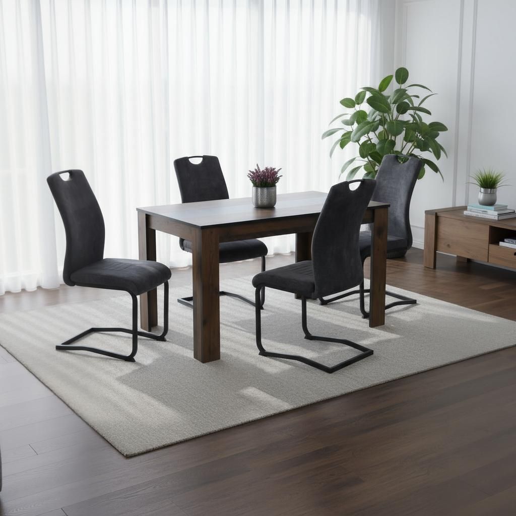 5tlg. ESSGRUPPE Rems, 1 Tisch Holzoptik+Schwarz/Weiß - Winkelfuß - Maß 140x80cm + 4 Schwinger Stühle Anthrazit - Lehne mit Griff - 120kg belastbar