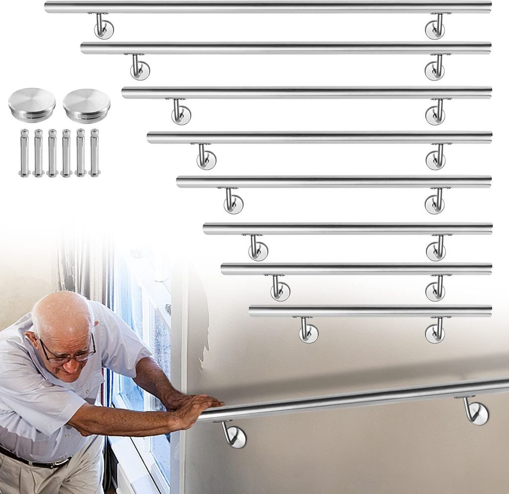 ACXIN Edelstahl Handlauf 120cm, Aussen Innen Wandhandlauf Brüstung Geländer, Ø 40 mm Treppengeländer mit Wandhalterung und Endkappen (120cm, Si...