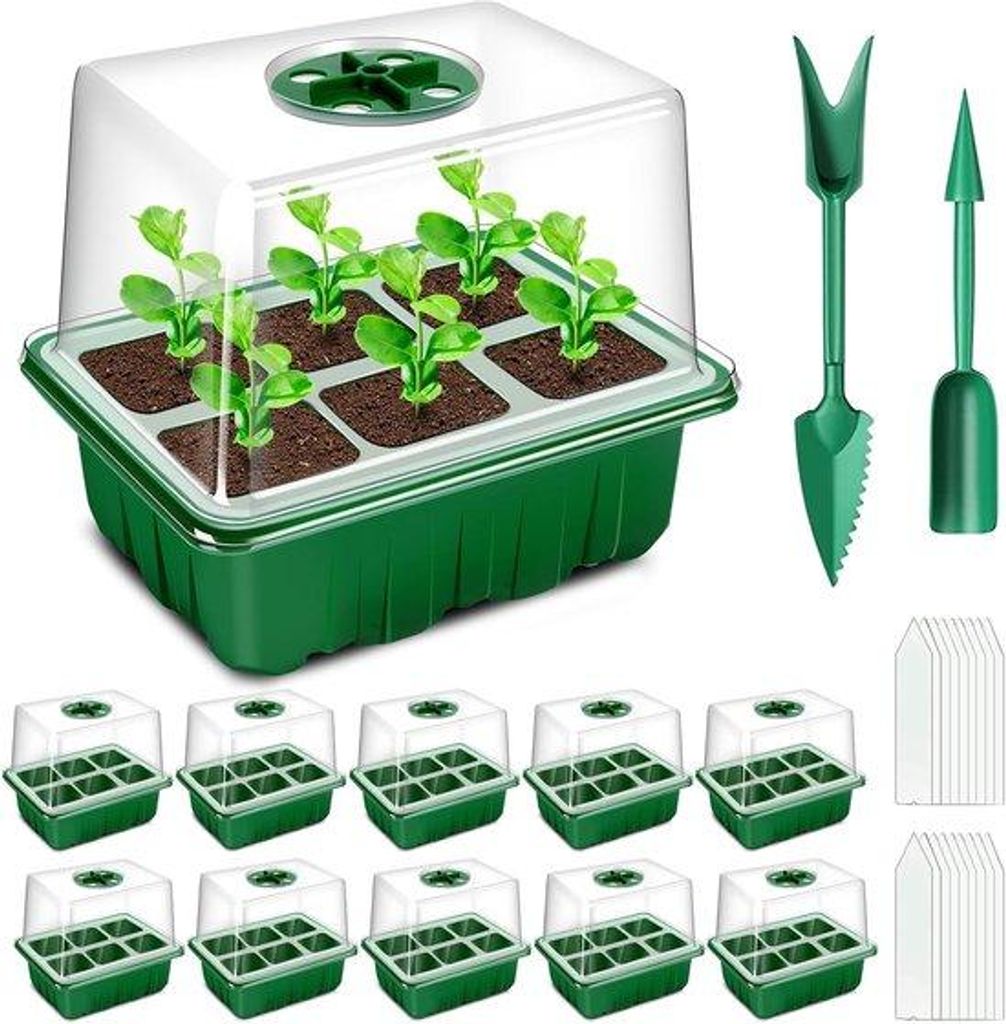 Famanu Mini-Gewächshaus 10 Stück - 60 Zellen, erhöhtes Deckel, grün