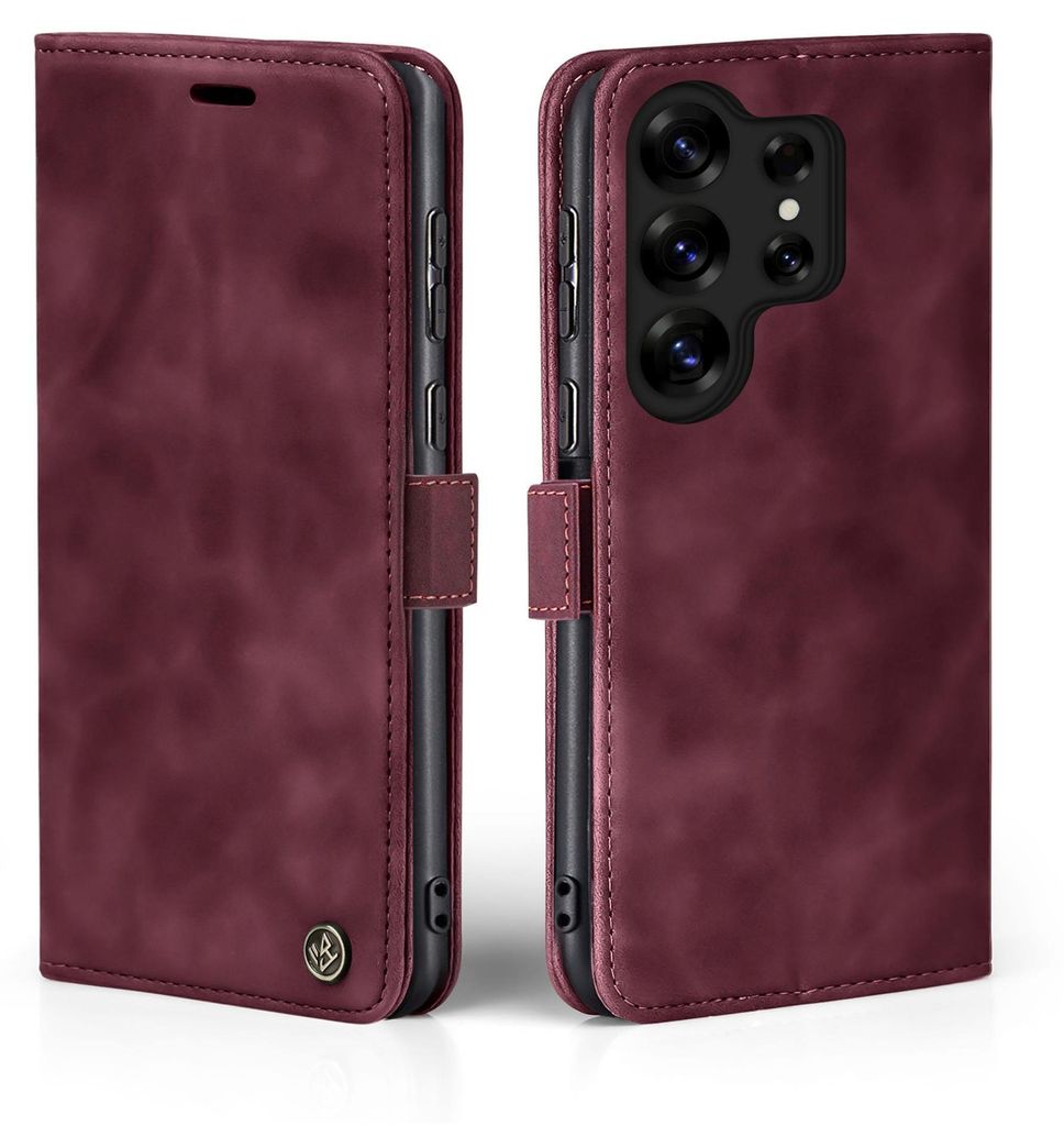 A burgundy flip case for a smartphone is shown from two angles, open and closed.