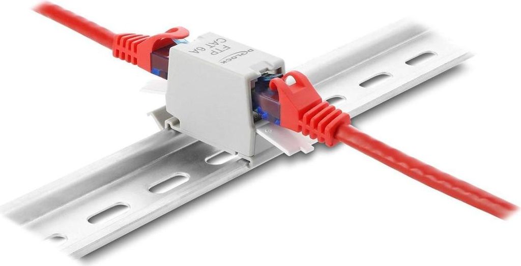 Delock RJ45 Kupplung Cat.6A Buchse zu Buchse mit Staubschutzklappe fьr Hutschien