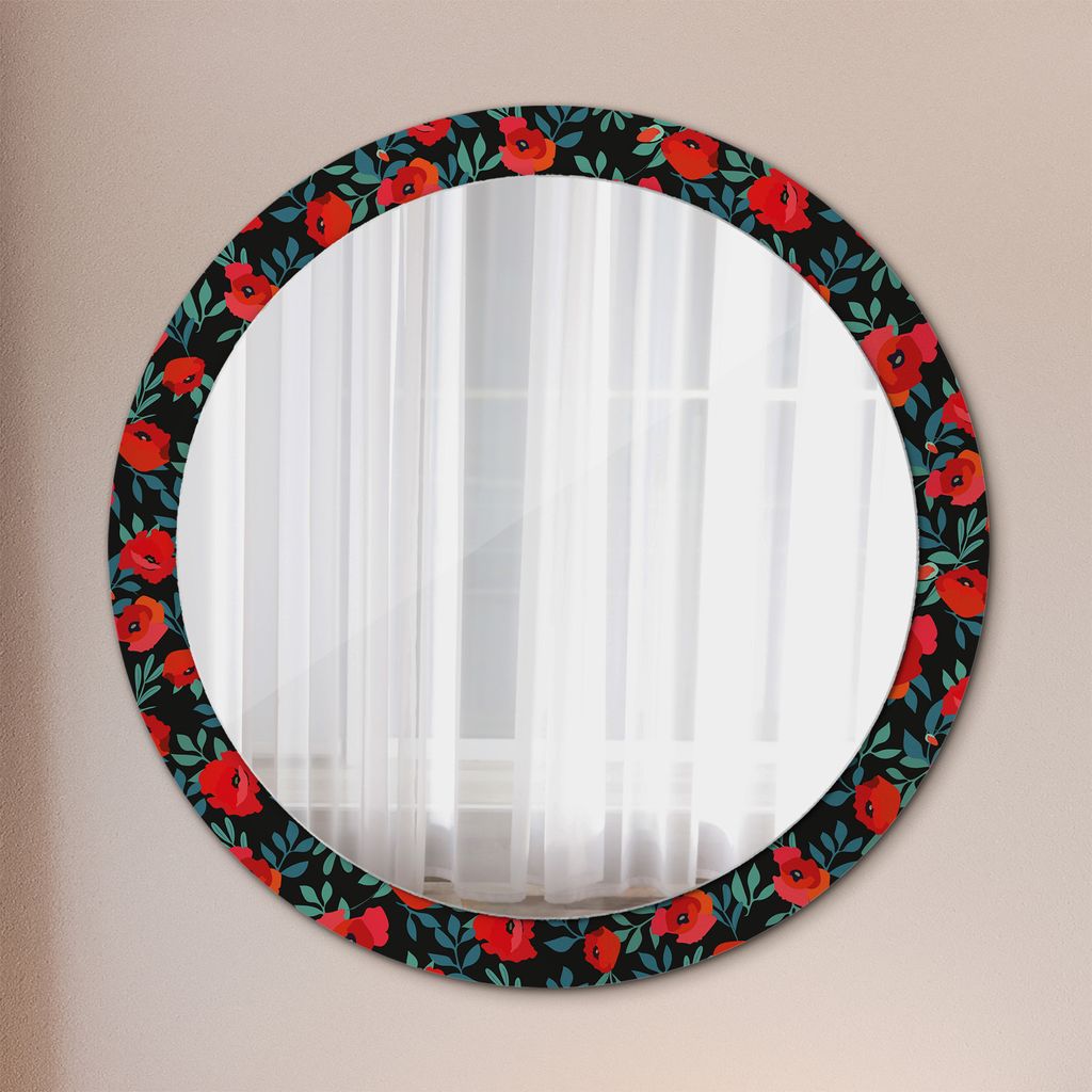 Ø90cm Spiegel - Glasrahmen mit Aufdruck - Wandspiegel Schlafzimmer - rot Mohn