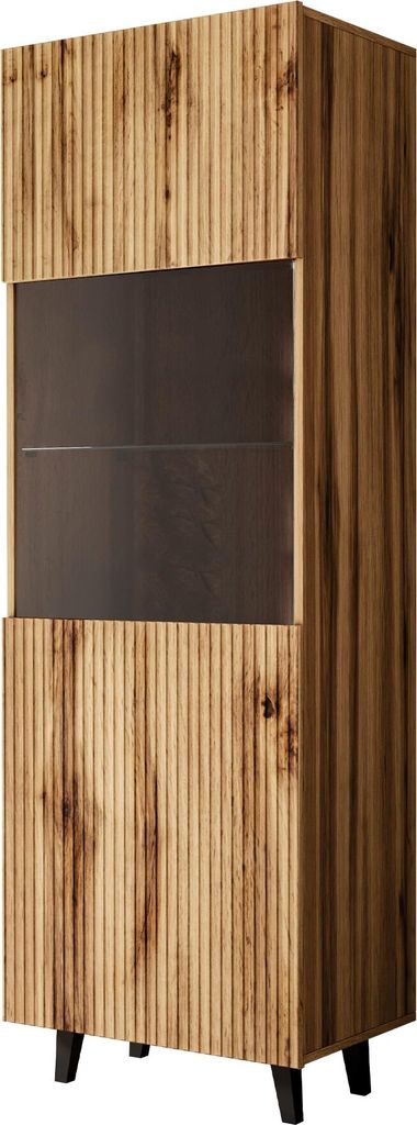A tall, narrow display cabinet with a glass door and wooden ribbed panels.