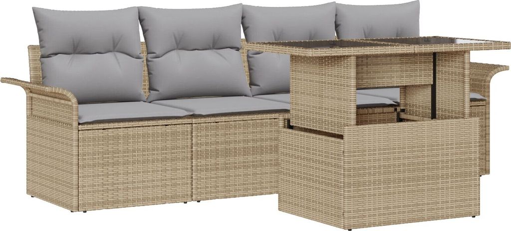 Möbel 5-teiliges Garten-Sofa-Set mit Kissen Beige Poly-Rattan, 2-Sitzer Garten-Sofa mit Stauraum & Kissen Beige Poly-Rattan - Gartensofas 3356923