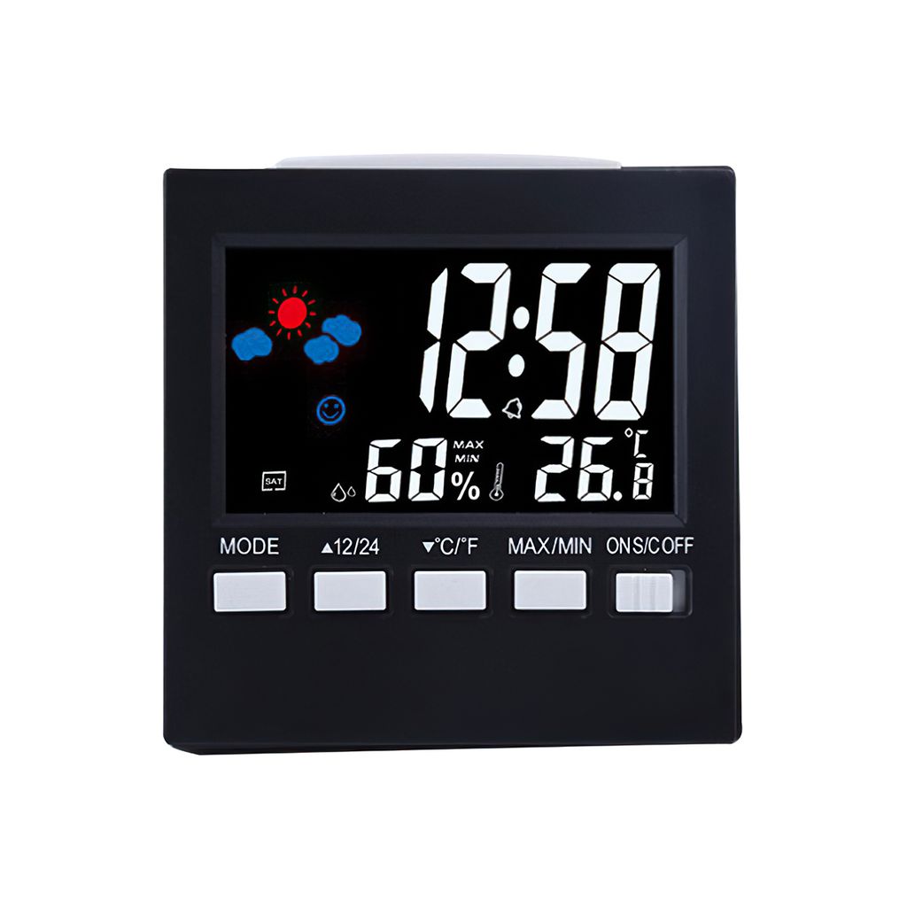 A black digital alarm clock with a digital display showing the time, date, temperature, and humidity.
