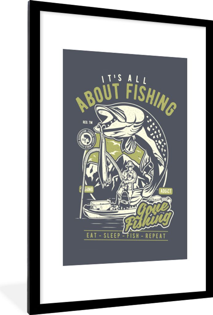 MuchoWow MuchoWow Gerahmtes Poster Fisch - Boot - Rute - Vintage 60x90 cm - Poster mit zchwarzem Bilderrahmen - Dekoration - Wandposter Wohnzim...