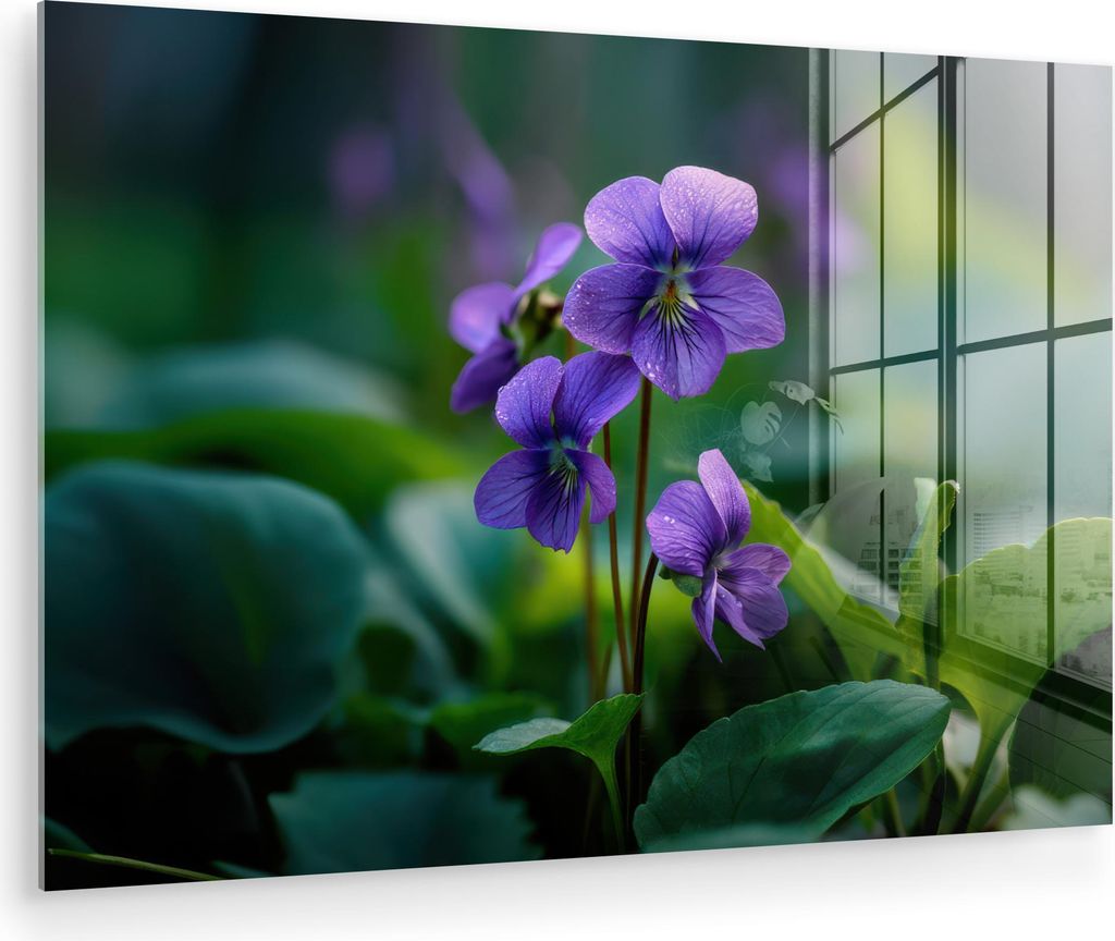 MuchoWow Glasbilder - Bilder auf Wandbild - Foto auf Glas Veilchen - Lila - Blume - Blatt 120x80 cm Wanddekoration aus Glas - Acrylglasbild - Acryl...