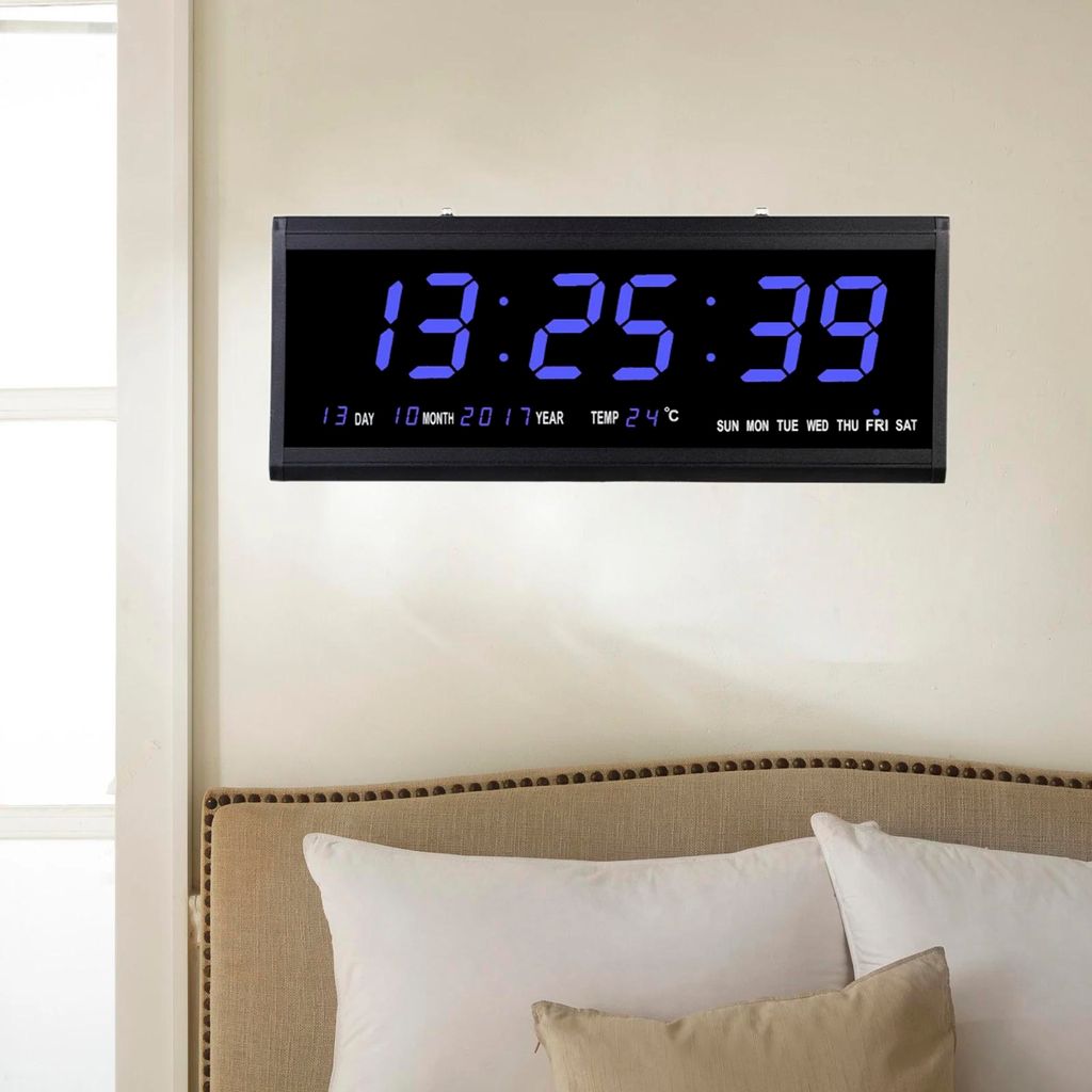 Große digitale LED-Wanduhr, elektronischer Wecker, blaues LED-Display, Temperatur & Datum, 12/24 Std., Wand/Tisch
