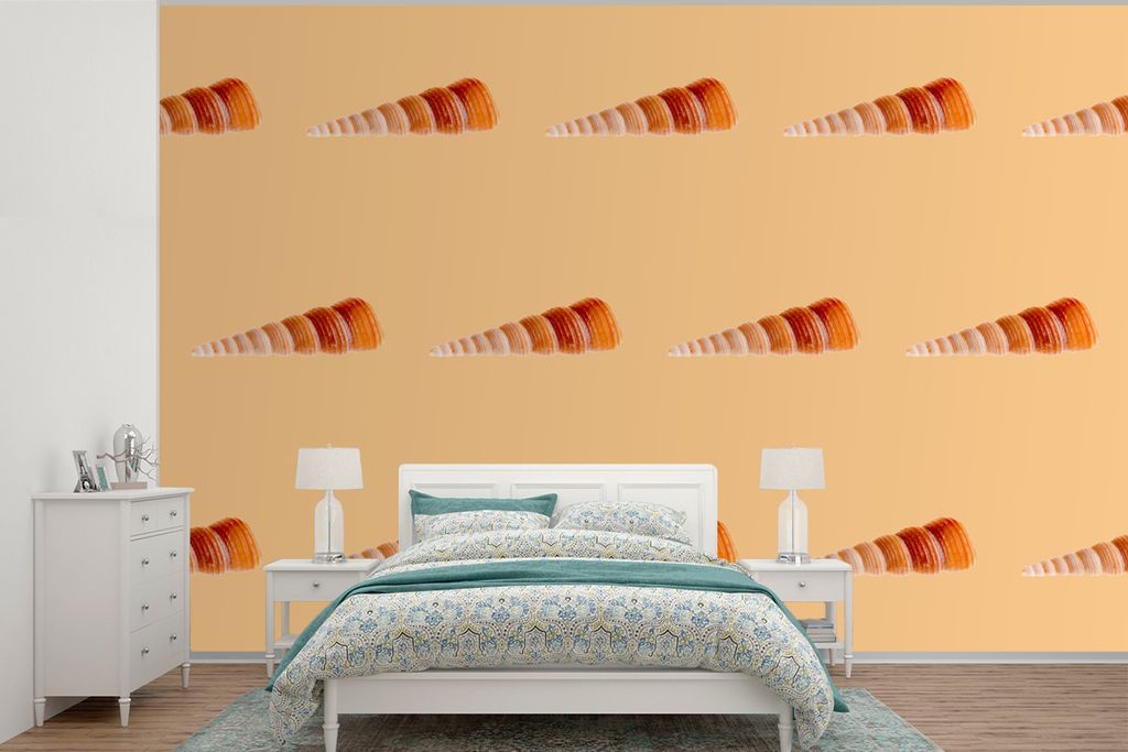 MuchoWow Fototapete für Wohnzimmer oder Schlafzimmer Wandtapete Vinyl Motivtapete Muscheln - Muster - Orange - 525x350 cm - Das Hintergrundbild