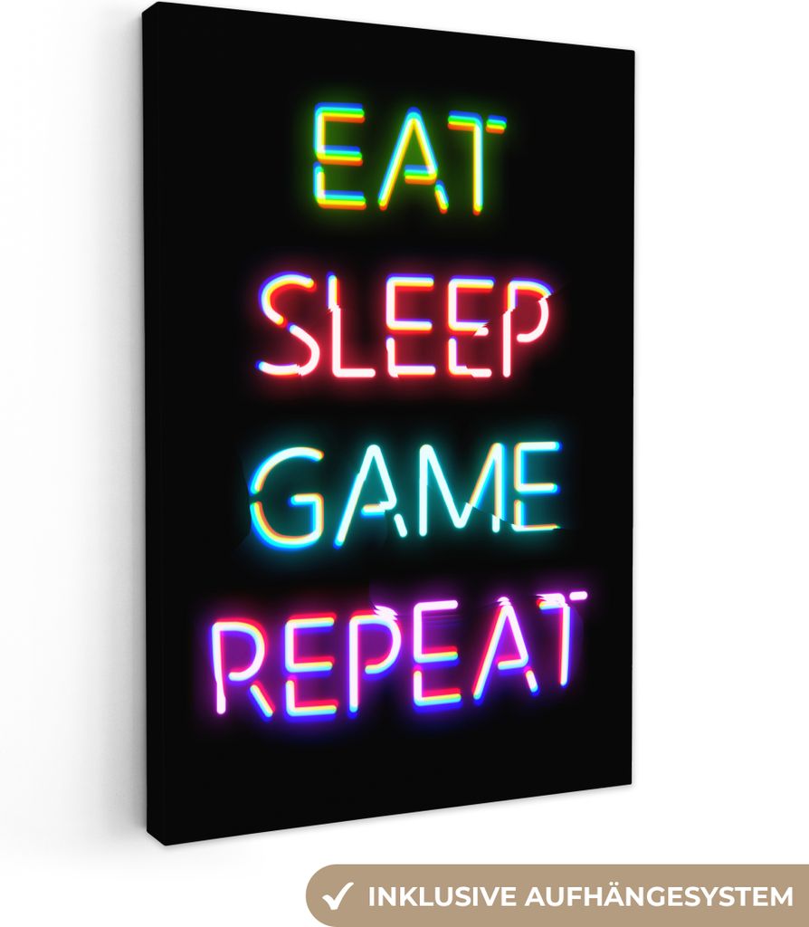 MuchoWow - Leinwandbilder - Gaming - Led - Zitat - Eat sleep game repeat - Gaming, Wandbild, Wanddeko Bilder Wohnzimmer, 60x90 cm