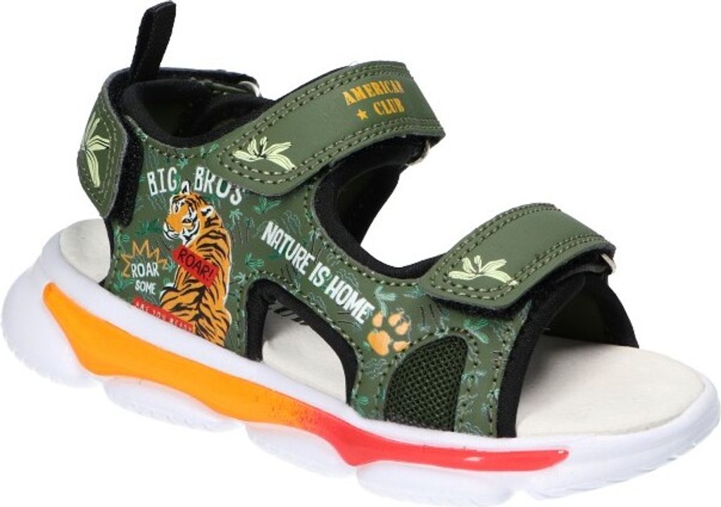 AMERICAN CLUB HL169 Solide KinderSandalen, Naturleder Innensohle, Schuhe mit LED-Leuchtsohle, Klett Sandalen, Sportsandalen, Khaki 29