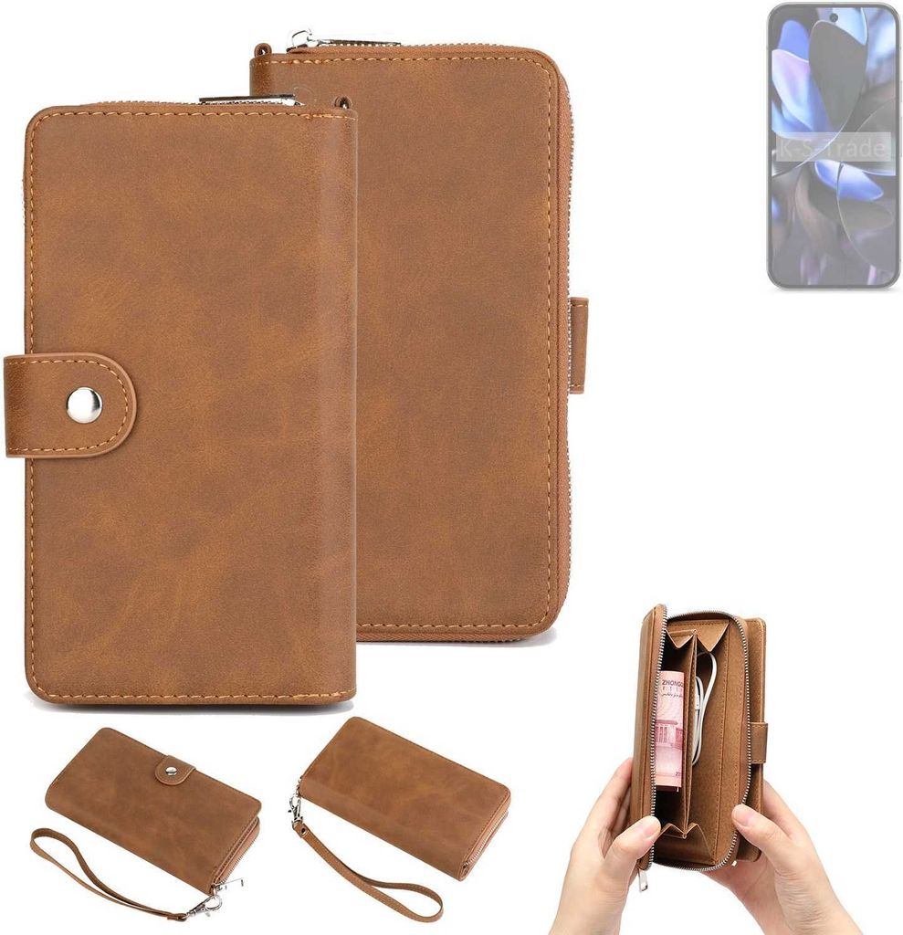 K-S-Trade Handyhülle Schutzhülle kompatibel mit Google Pixel 9 Pro XL & Portemonnee Tasche Handytasche Case Etui Geldbörse Wallet braun (1x)
