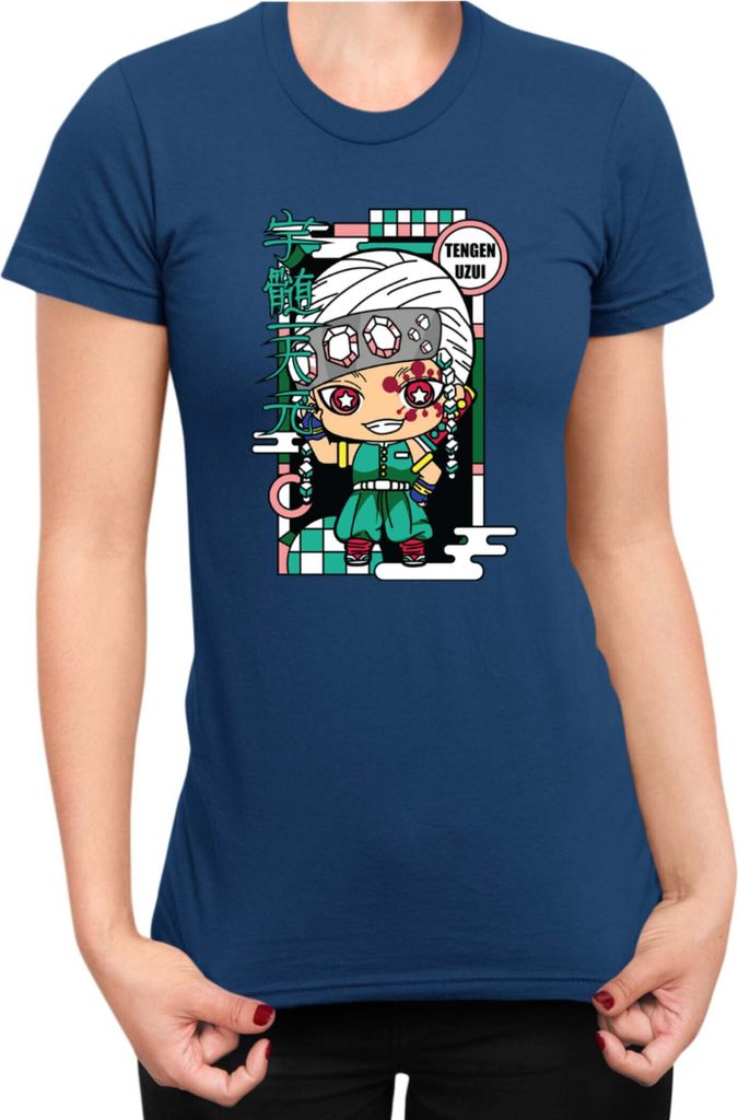 Damen T-Shirt Demon Anime Slayer Kimetsu No Yaiba Chibi Tengen Uzui, Lady 2XL / Dunkelblau