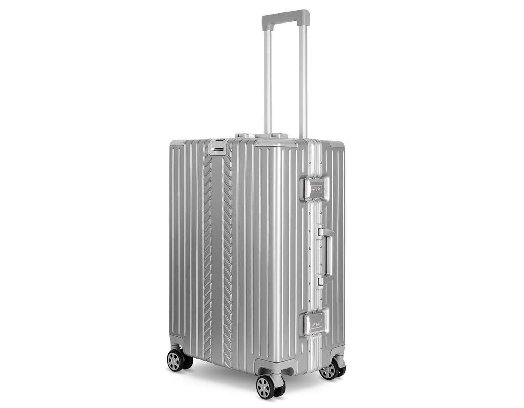 A silver trolley suitcase with its handle extended, shown against a white background.