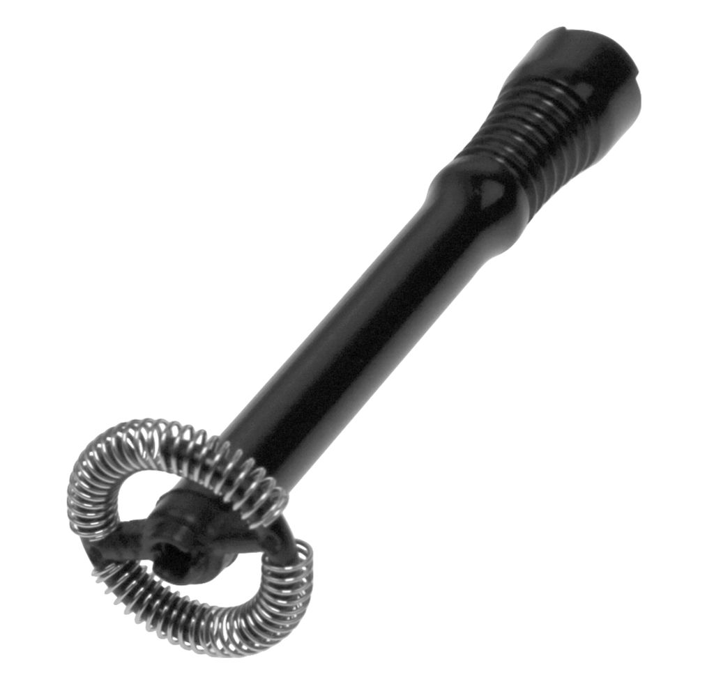 A black milk frother attachment for a coffee machine, shown against a white background.