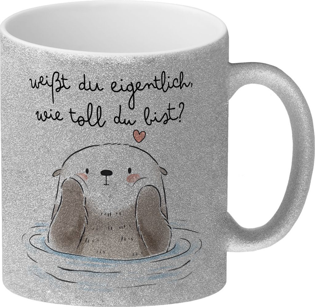 Otter Glitzer-Kaffeebecher mit Spruch Weißt du eigentlich Produktbild 