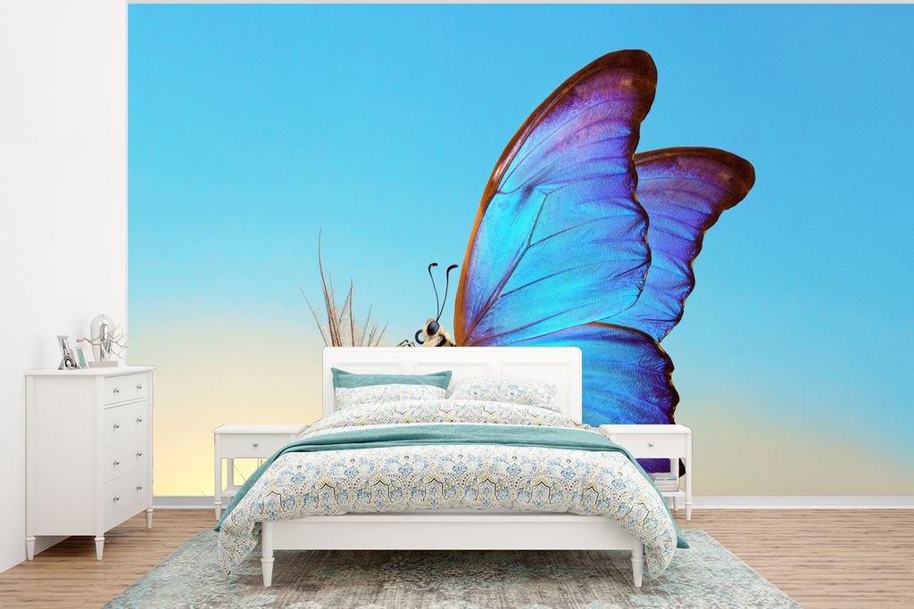 MuchoWow Fototapete für Wohnzimmer oder Schlafzimmer Wandtapete Vinyl Motivtapete Schmetterling - Löwenzahn - Blau - 295x220 cm - Wand Tapete