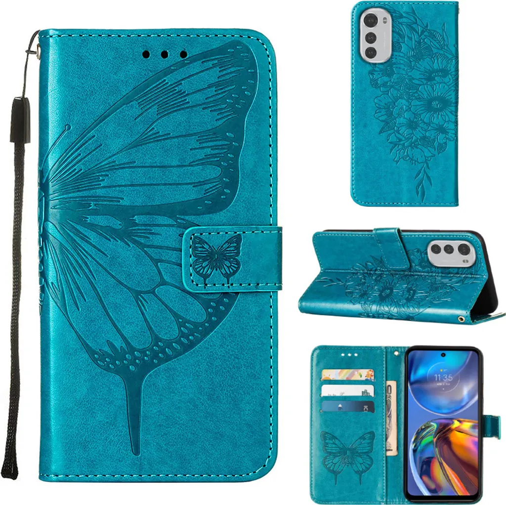 Cover Moto E32 Portafoglio Farfalla Blu - Protezione Antiurto Elegante