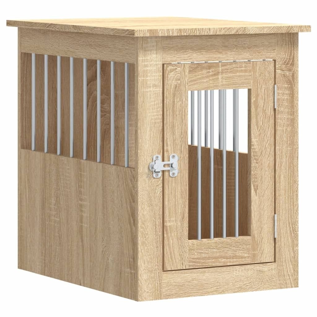 A dog crate made of wood-look composite material with silver bars.