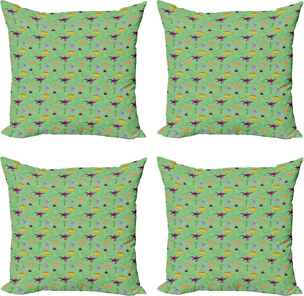 ABAKUHAUS Dino Kissenbezug Set (4 Stück), Skizze und Cartoon-Dinosaurier, Moderner Doppelseitiger Digitaldruck, 40 cm x 40 cm, Sea Green Multicolor