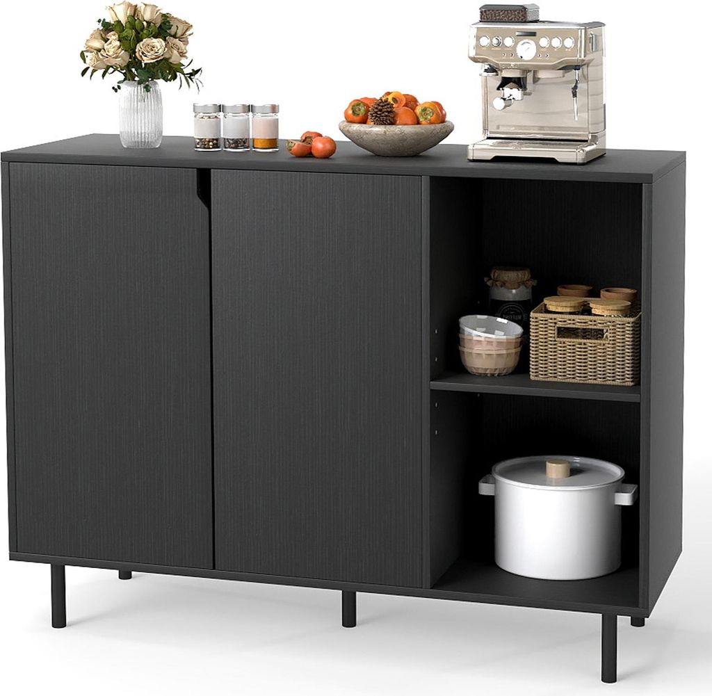 COSTWAY Sideboard Holz, Kommode mit 4 Fächern & 2 Türen, Anrichteschrank Buffetschrank Küchenschrank, Ablagen, Schrank modern, 106x38x80cm, Schwarz