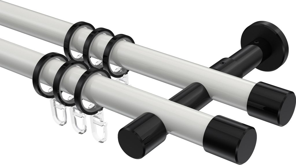 Interdeco Gardinenstange / Vorhangstange Weiß / Schwarz, Typ Prestige Santo (Kappe), 20 mm Ø 2-läufig, 200 cm