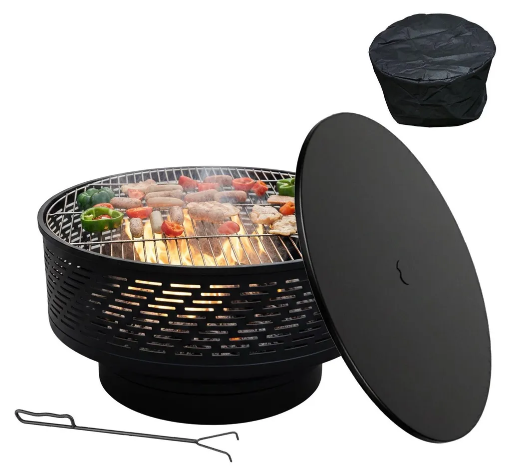 Foyer avec couvercle et grille noir contre les étincelles en inox