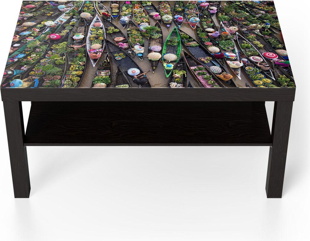 DEQORI Couchtisch 90x55 cm Schwarz 'Marktleben auf Wasser' Glas Beistelltisch Glastisch modern