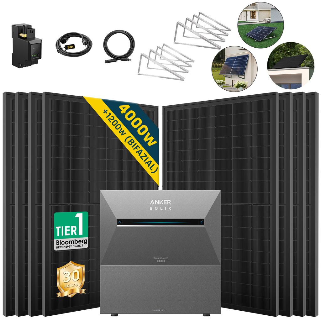 ALLDREI Balkonkraftwerke mit Speicher Anker Solix Solarbank 3 E2700 Pro & BP2700x1,Komplettset mit 8x500W Bifazialer Solarpanel & Smarten Zähler