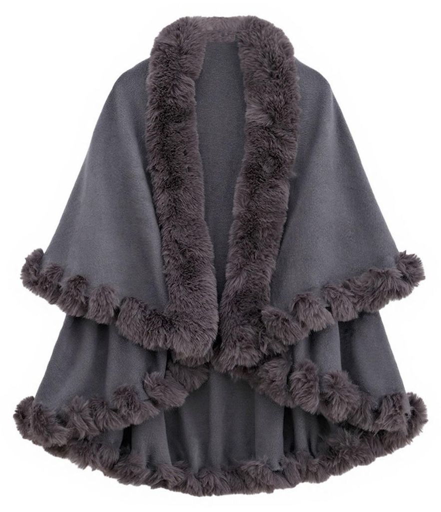Damen Cape-Schal mit Pelzkragen, weicher, warmer Wickel-Doppellagen-Strickcardigan, warmer Acryl-Poncho für Herbst und Winter