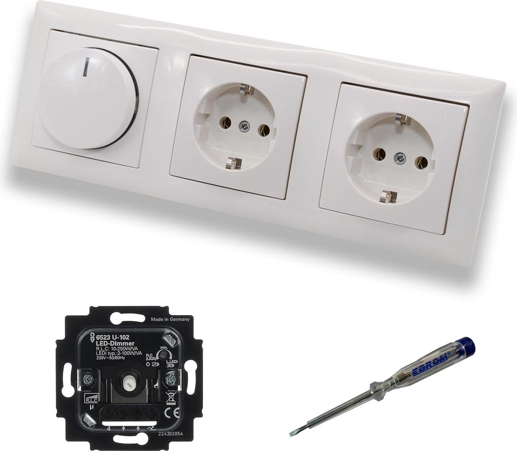 Busch Jäger 6523U-102 LED Drehdimmer Dimmer + Scheibe 2115-914 und 2 x Steckdose mit Kinderschutz 20EUCKS-914 in Balance Si alpinweiß glänzend +...