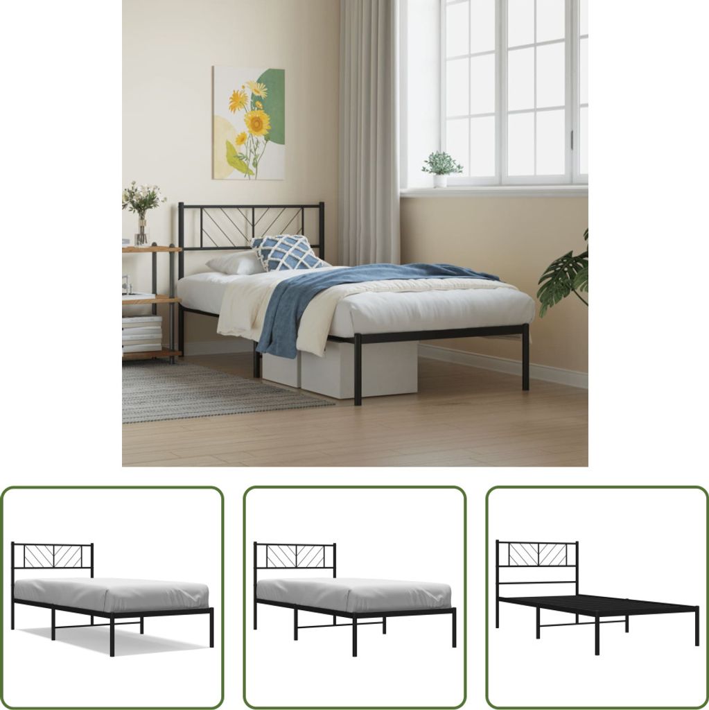 The Living Store Bettgestell mit Kopfteil Metall Schwarz 75x190 cm