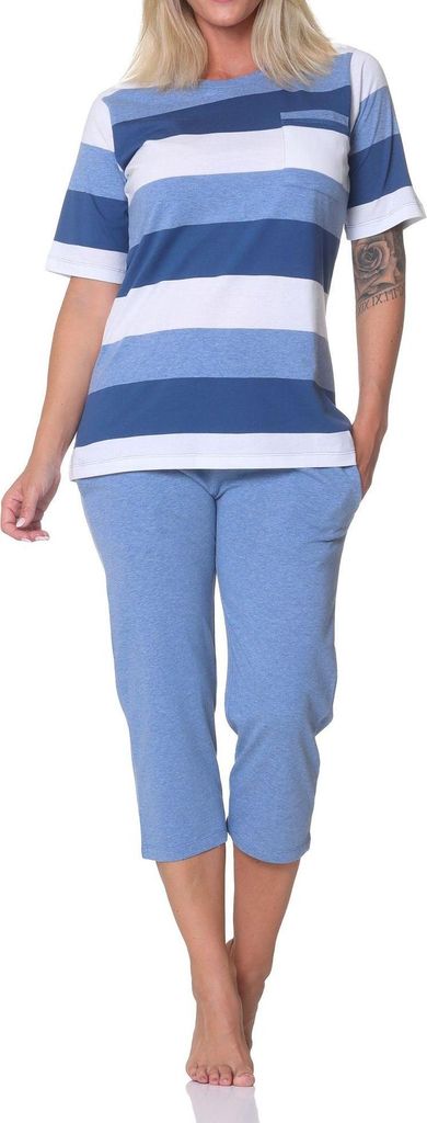 Normann Damen Capri Schlafanzug kurzarm in Blockstreifenoptik - auch in Übergrössen ; blau-mel. , 40