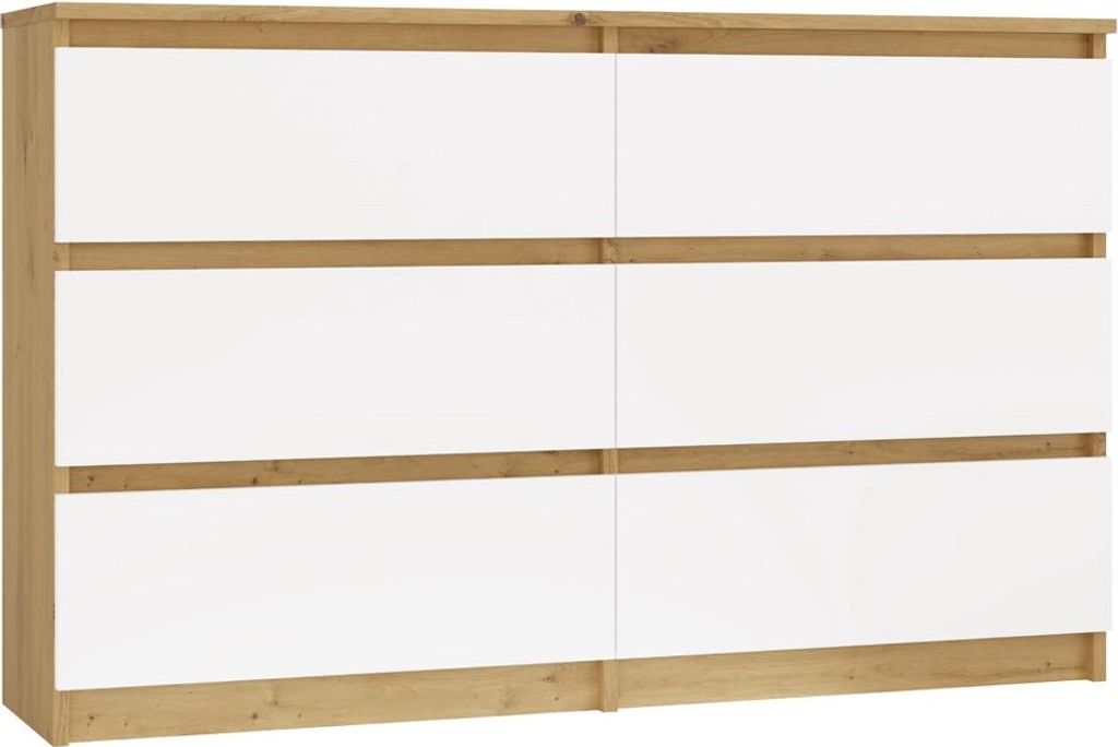 A front view of a dresser with six drawers, split into two columns of three drawers each. The drawer fronts are white, and the frame is a light wood color.