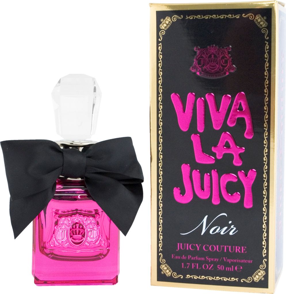 A bottle of Juicy Couture Viva La Juicy Noir perfume and its packaging are displayed against a white background.