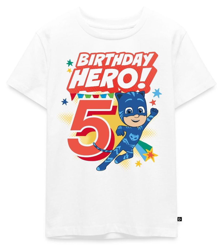 Spreadshirt PJ Masks Catboy Birthday Hero 5. Geburtstag Kinder Premium T-Shirt, 110/116 (4 Jahre), Weiß